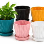 Wave Design Plastic Flower Pots with Drain Tray Set of 5 Multicolor Planters for Indoor & Outdoor Plants