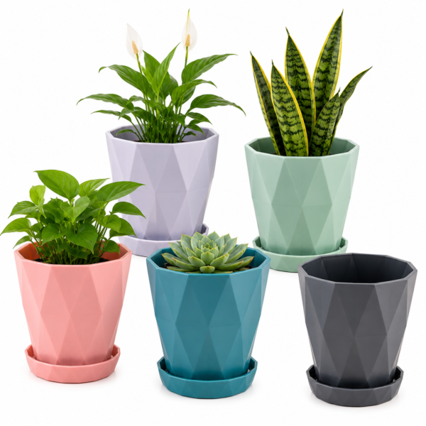 Diamond Design Plastic Flower Pots with Tray – Pack of 5 Multicolor Planters