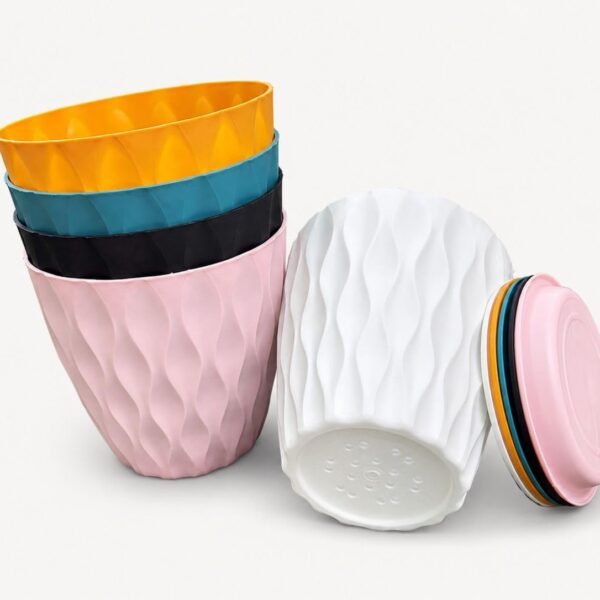 Set of 5 Plastic Plant Pots with Saucers, Featuring A Textured Wave Pattern Design in Multiple Colors Plastic